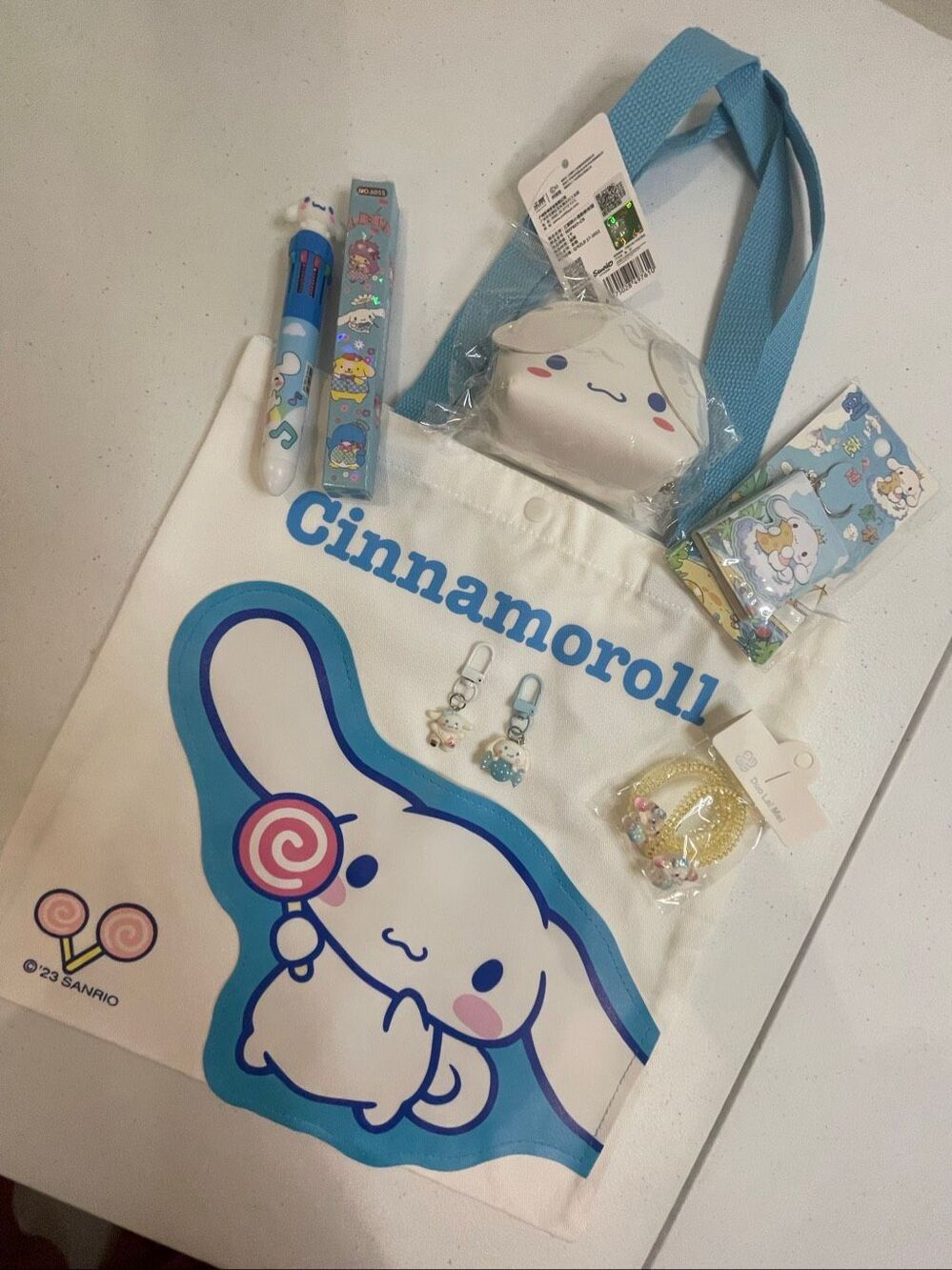 Cinnamoroll tote bag stocking stuffers bundle lot pens, coin purse, hair ties, k